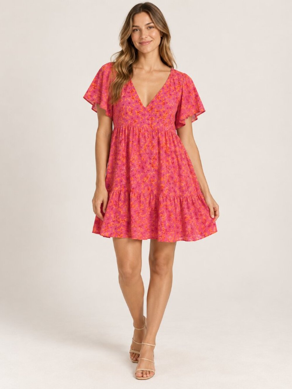 Universal Thread XL Pink Orange Linen Blend V-Neck Mini Dress Boho w/ Pockets